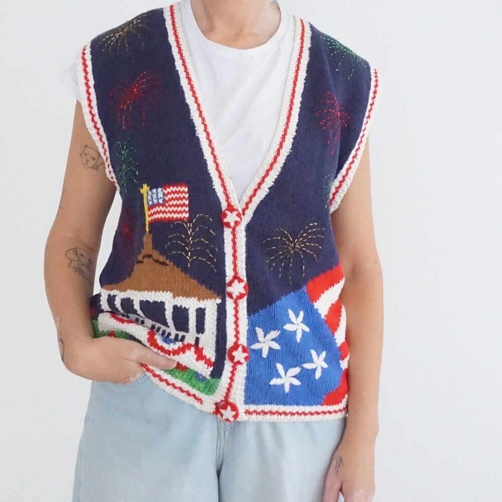 Vintage Belle Pointe Navy Patriotic Flag Fireworks Americana Flag Knit Vest M